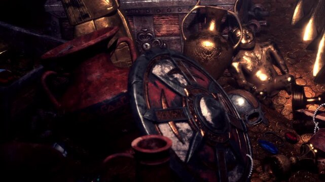 Ancient relics and ornate artifacts rest among golden coins, illuminated by soft light. A rusty shield, a golden statue, and shimmering jewelry fill the scene with mystery and history.