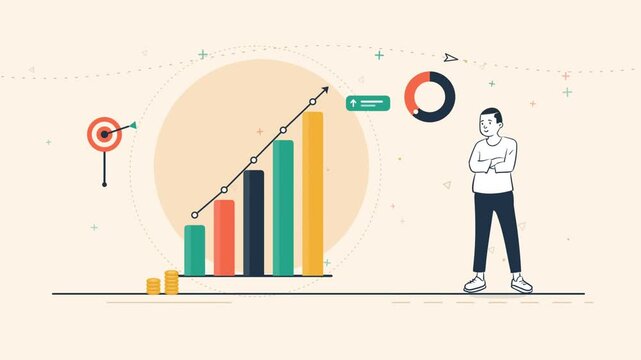 Business growth infographic animation with rising bar chart arrow target and flat character