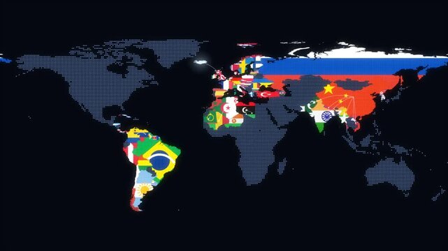 Country flags filling a dotted world map spreading outward from South America