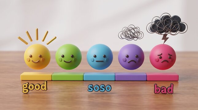 Five colorful mood emoji balls on a scale representing satisfaction