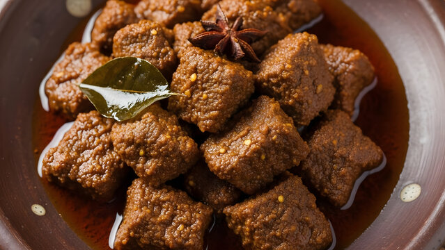 Traditional Indonesian beef rendang stew with aromatic spices, star anise, and bay leaf in a ceramic bowl