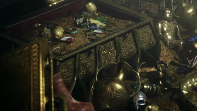 An ornate chest overflows with gold coins, sparkling gems, and intricate artifacts. The warm glow highlights the rich history and mystery of the lost treasures nestled inside.