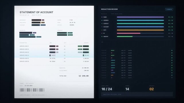 Document redaction animation blacking out personal data on a financial account statement