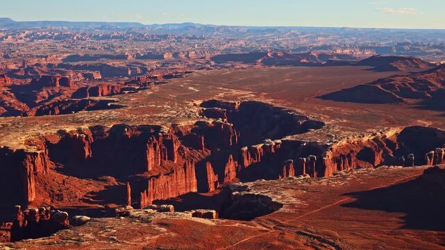 Warm evening sunlight illuminates deep desert canyons and towering sandstone formations viewed from the White Rim Overlook trail in Utah
