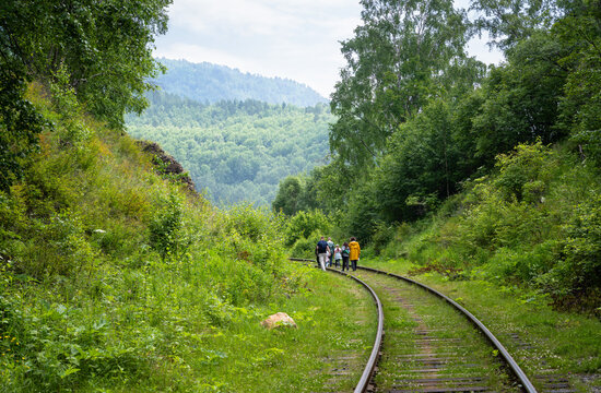Group of people hiking along a curved railway track in a lush green forest at Lake Baikal, Siberia. Hikers walking towards distant mountains on an overgrown railroad. Outdoor nature exploration