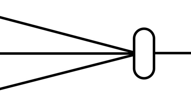 Animated black geometric lines with moving dots feeding into a central processor node on a white background. Concept for data routing, logic gates, or networks.