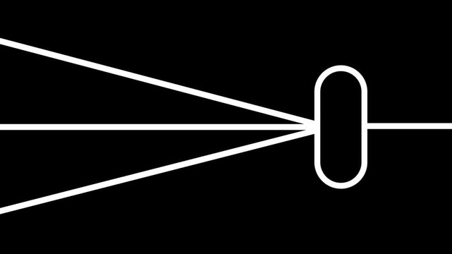Animated white geometric lines with moving dots feeding into a central processor node on a black background. Concept for data routing, logic gates, or networks.