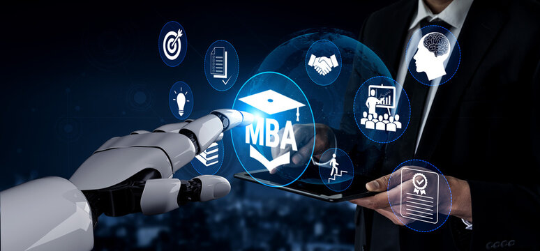Futuristic Business Concept Showcasing Robotic Hand Interacting with MBA Capstone Project and Digital Business Icons in Corporate Environment Fluxor.