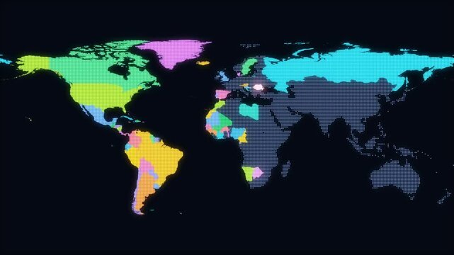 Neon world map coloring country by country then merging into continent blocks