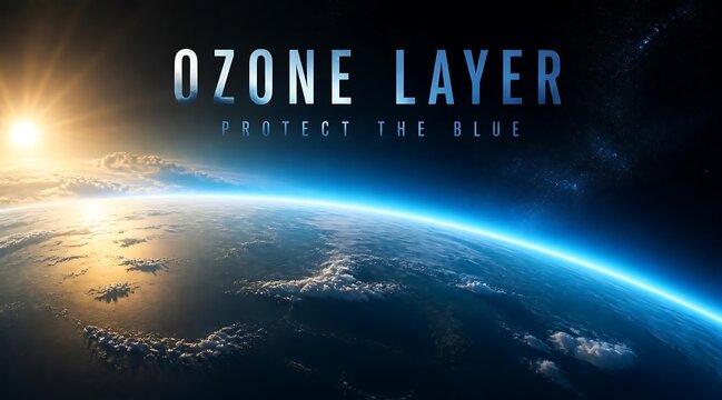 Ozone layer protection concept, Earth from space with sun flare. Environmental conservation banner, protect the blue planet message.