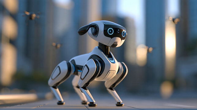 Futuristic quadruped robot dog standing attentively on a bright clean city street, soft natural daylight, sleek modern skyscrapers softly blurred in background, small drones
