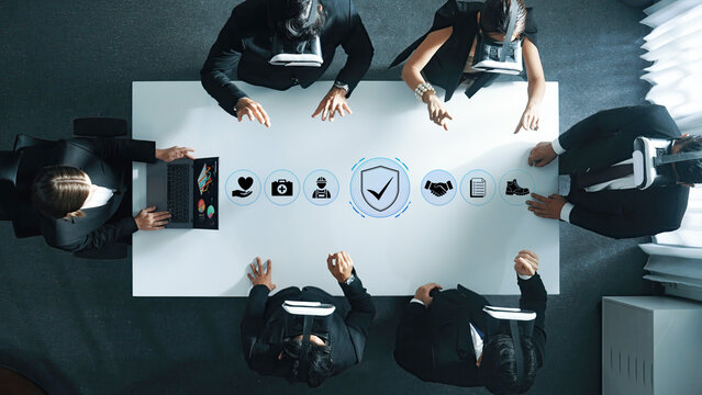 Business Meeting with Virtual Reality Headsets, People Collaborating in Modern Office Environment, Innovative Technology Adoption in Corporate Setting. Glyphic.