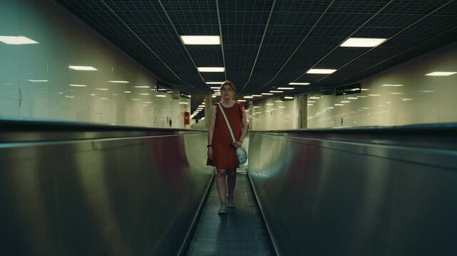 A woman walks on the moving ramp of a subway station