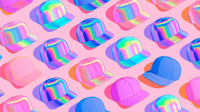 Holographic Rainbow Baseball Caps Seamless Pattern on Pink Background