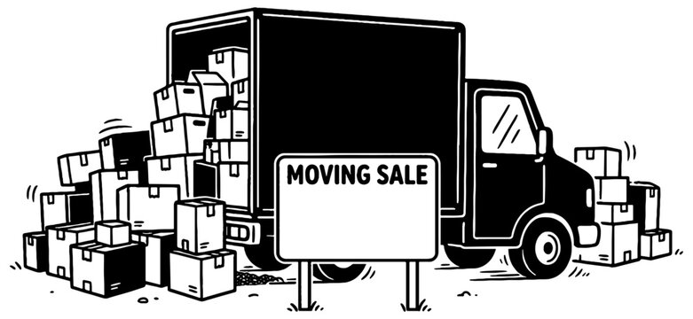 Moving truck filled with boxes with a sign in front of it stating Moving Sale with room for text, isolated 