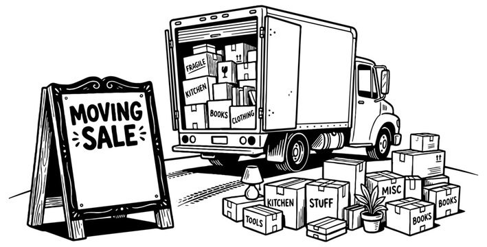 Moving truck filled with boxes with a sign stating Moving Sale with room for text, isolated 