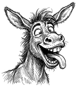 Funny cartoon donkey portrait clip art illustration in black, isolated 