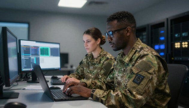 Military Reviewing Data on Laptop