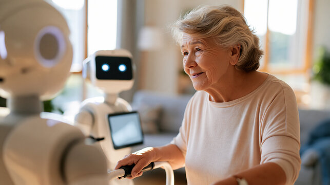 Advanced humanoid robot assisting an elderly european woman with a walker in a bright sunlit home living room, face softly out of focus, soft natural daylight through large