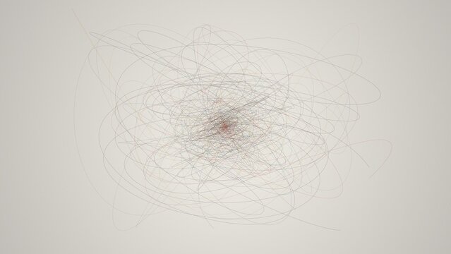 Abstract composition featuring thin, tangled lines in grey and faint red, forming a chaotic, circular scribble pattern on a light grey background