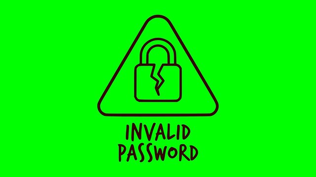 invalid password warning animation with flashing red light effect, broken padlock symbol, and green screen chroma key background for video editing