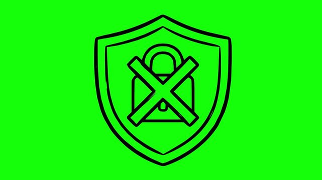 security breach shield icon animation with locked padlock and prohibition cross on green screen chroma key background, featuring a hand drawn line boil look