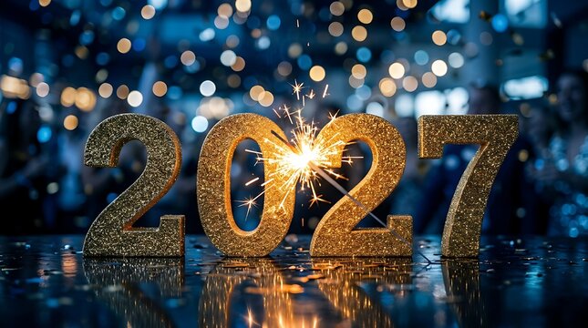 New year 2027 celebration with golden glitter numbers and sparkler