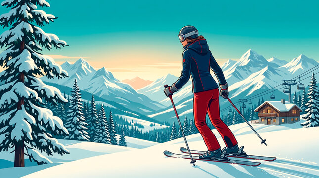  Winter holidays retro illustration of a skier in red pants and blue jacket descending a snowy mountain slope with pine trees and a chalet, alpine ski resort vacation [copy space]