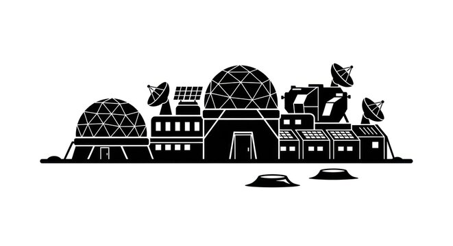 Futuristic Space Colony Base with Domes and Antennas.