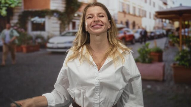 Woman holding rolled license with red ribbon on a city street, puckers lips and extends arms; pride celebration.