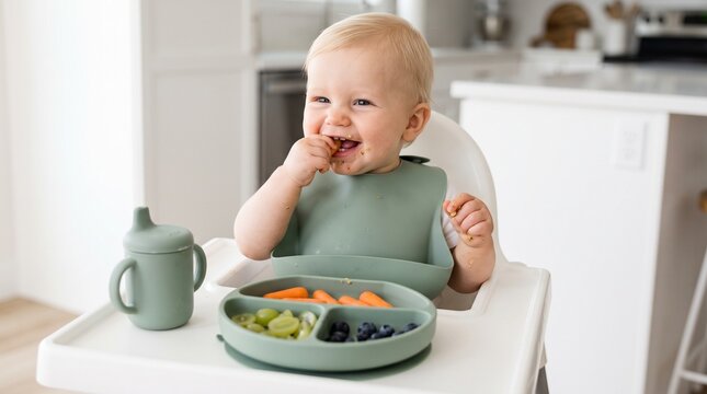 Happy blonde baby boy eating healthy snacks in white kitchen highchair
