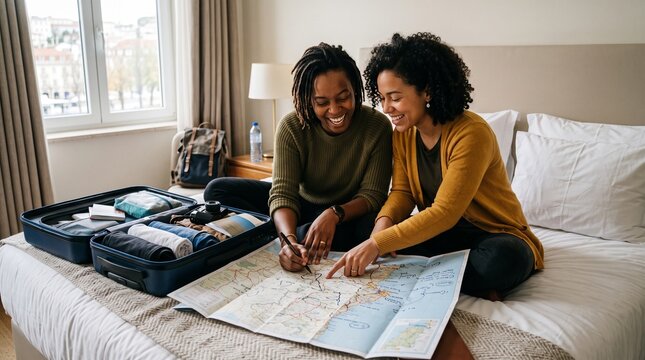 Two women happily planning a trip together on a map in a hotel room with an open suitcase