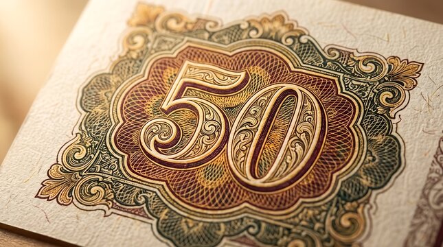 Close Up Detail of 50 Paper Currency Note Design with Intricate Patterns Representing Security and Counterfeit Prevention in Monetary Printing Industry
