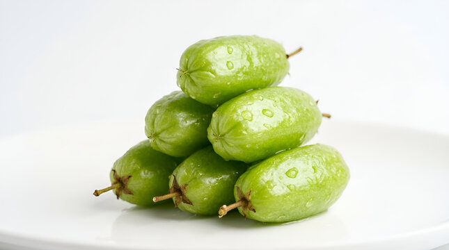 A pile of fresh, glossy green bilimbi fruits with dewdrops; oblong, ribbed shapes and small brown stems; a tropical sour fruit; isolated on a clean, minimalist white background.