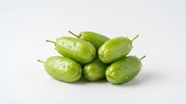A pile of fresh, glossy green bilimbi fruits with dewdrops; oblong, ribbed shapes and small brown stems; a tropical sour fruit; isolated on a clean, minimalist white background.