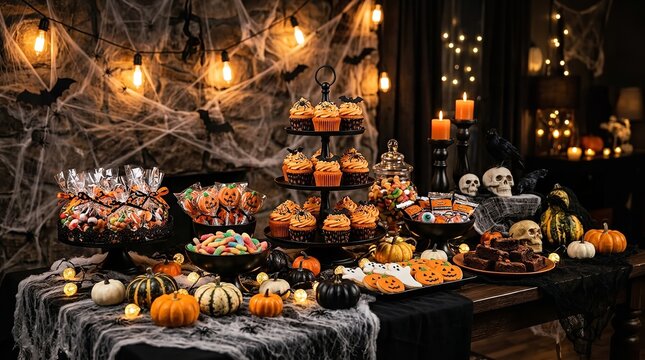 Festive halloween dessert table with cupcakes and candy in spooky atmosphere