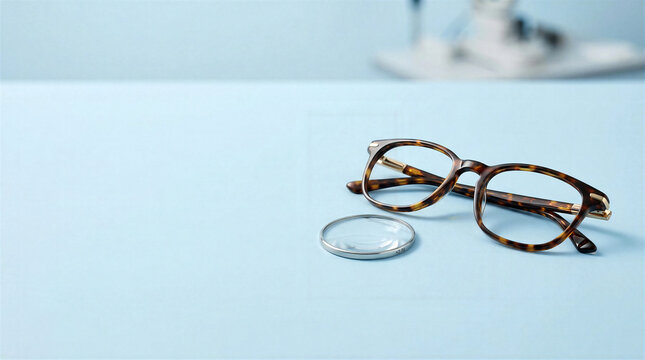 Stylish tortoise shell eyeglasses with a single lens on a light blue surface