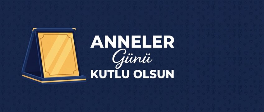 Anneler Gunu Kutlu Olsun Banner with Gold Plaque Award on Dark Blue Floral Background, Turkish Mothers Day Greeting Card, Celebration Graphic Template and appreciation award illustration for mothers.