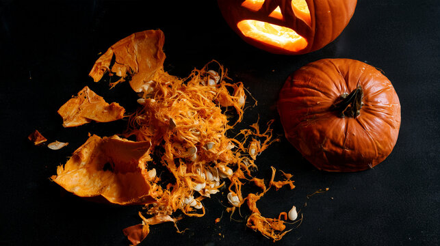 Top-down view of a shattered pumpkin split into large pieces with stringy flesh and seeds scattered across a black background, illuminated carved pumpkin with a frightened expressi