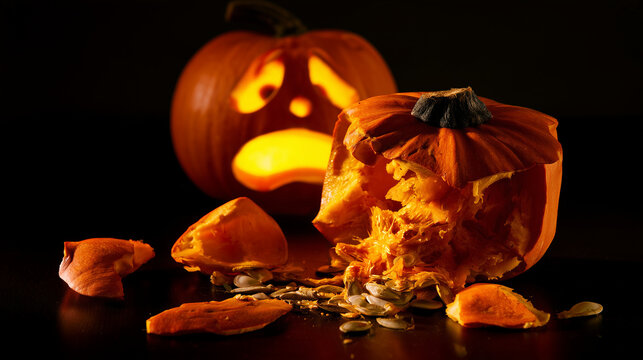 Broken pumpkin smashed open on a dark surface with torn orange shell pieces, exposed fibrous pulp and scattered seeds, a glowing jack-o-lantern with a sad carved face standing behi