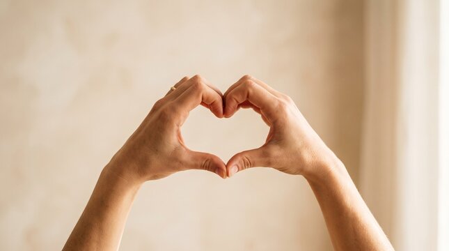Close up of a person's hands forming a heart shape against a soft neutral background with gentle lighting