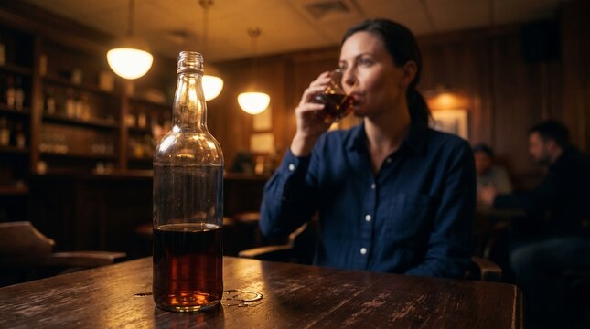 Woman drinking whiskey alone in a dimly lit bar