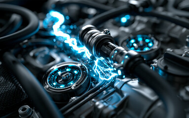 Fototapeta premium Close up of a powerful engine with electric blue energy displays