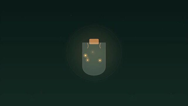 Magical fireflies drifting inside a mason jar with glowing warm gold light on deep forest night background