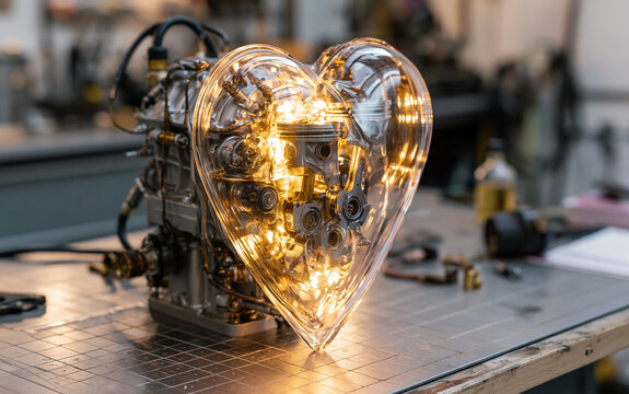 Transparent heart-shaped engine glowing with internal lights, sitting on a workbench in a detailed mechanical workshop
