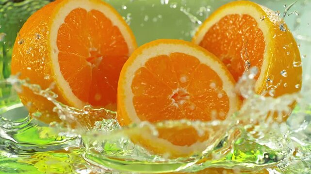 Super Slow Motion Shot of Fresh Orange Fruit Falling into Water and Making Splash at 1000fps.