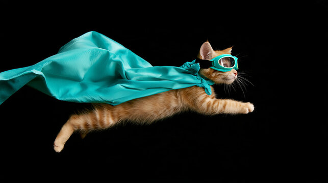 Dynamic side view of a ginger kitten flying through the air like a superhero, turquoise cape streaming dramatically behind while matching goggles frame its eyes and one paw reaches