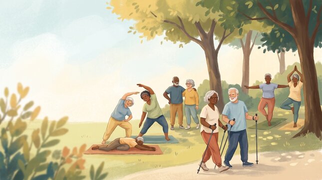 Diverse Group of Active Seniors Exercising and Practicing Yoga in a Park