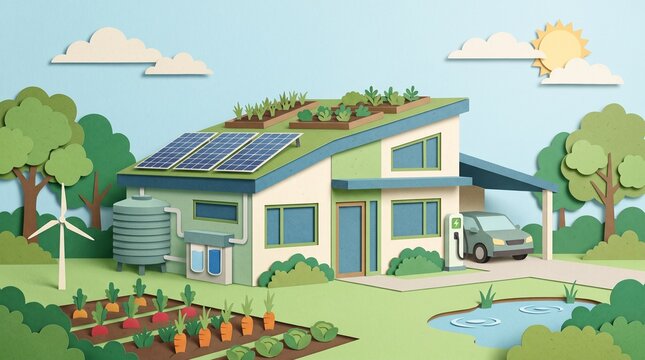 Eco-friendly sustainable house with solar panels and electric vehicle charging station