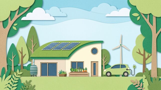 Eco Friendly Sustainable House with Solar Panels and Electric Car Paper Cut Art